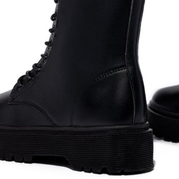 Black Vegan Leather Side Zip Combat Boots - Picture 8 of 8